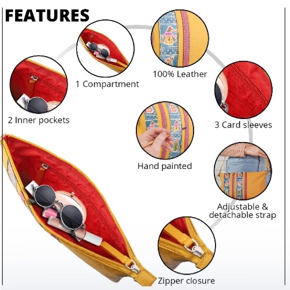 Mustard Handpainted Genuine Pebbled Leather Wristlet Clutch - Picture 8 of 14